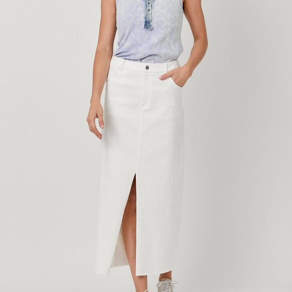 MYSTREE Bright White Denim Maxi Skirt | Raw Hem Front Slit - Picture 4 of 5